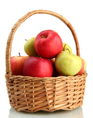 juicy apples in basket, isolated on white