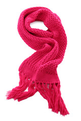 Pink knitted scarf isolated on white.