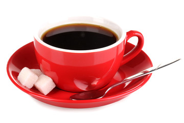 A red cup of strong coffee isolated on white
