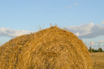 Closeup of straw bales on sky background