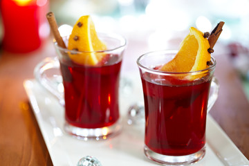 Mulled wine with spices and slice of orange