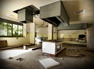 old kitchen destroyed, interior abandoned house