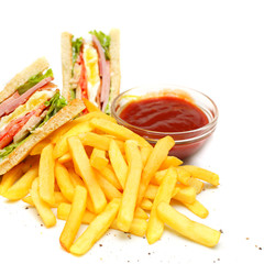 Club Sandwich with fries and red sauce