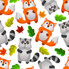 seamless pattern with foxes and raccoons