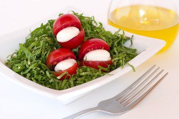 tomato, green slad, oil and italian mozzarella