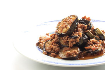 chinese cuisine, egg plant and mince pork stir fried