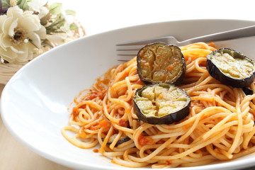 italian food, egg plant and meat sauce spaghetti