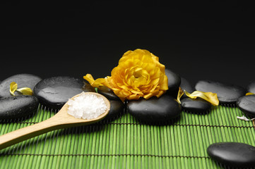 Fototapeta na wymiar Sól ziołowa w łyżka z kamieniami i Ranunculus kwiat