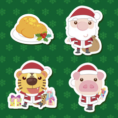 xmas cute cartoon animal santa claus set