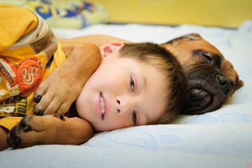 puppy bullmastiff with boy