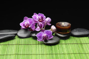 pink orchid with black stone and pink orchid on green mat