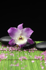 Macro of orchid with zen stone and pile of salt on green mat