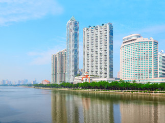 Coast with high buildings near Pearl river in Guangzhou, China.