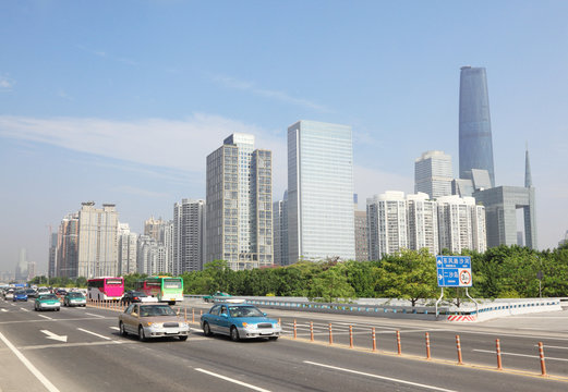 Fototapeta Road near International Finance Center in day in Guangzhou