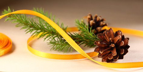 Twig of evergreen fir and cone with ribbon