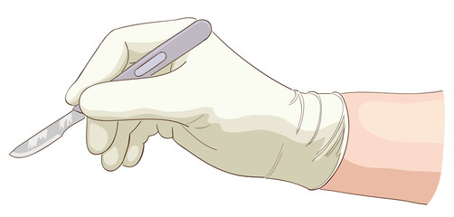 The hand holds a scalpel