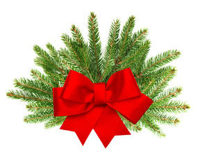 branch of christmas tree with red ribbon bow