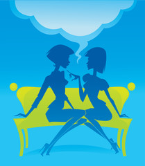 fashionable chatting girls silhouettes sitting on green bench