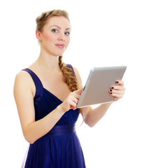 Woman with tablet pc. Isolated on white.