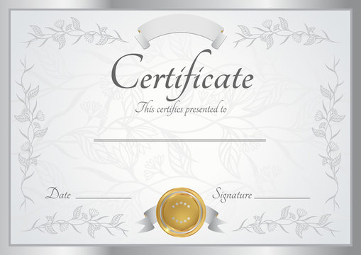 Silver certificate of completion template. Vector