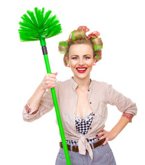 Funny smile housewife / girl with broom, isolated on white