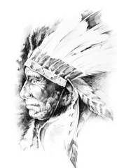 Sketch of tattoo art, native american indian head, chief, isolat