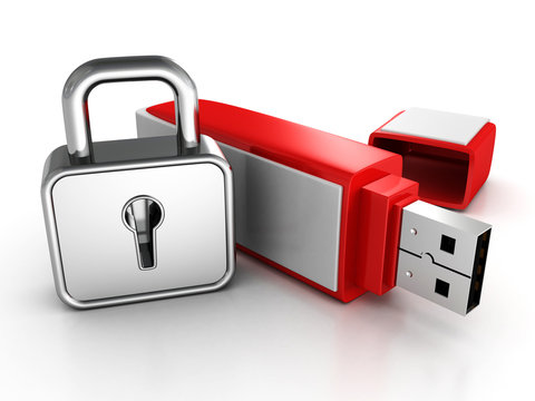 Usb Memory Stick With Locked Padlock On White Background