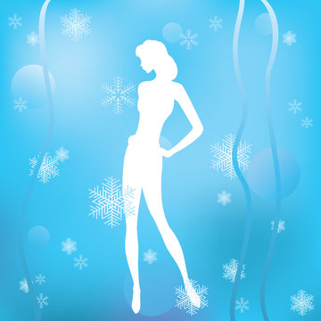Winter background with a silhouette of a girl.