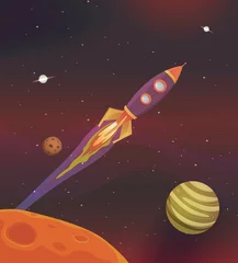 Keuken foto achterwand Kosmos Cartoon ruimteschip vliegt in Galaxy