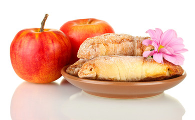 Fresh bagels with apples isolated on white