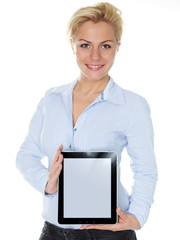 Business woman showing her tablet pc with copyspace