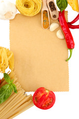 Obraz na płótnie Canvas papier do receptur, spaghetti z warzywami i przyprawami,
