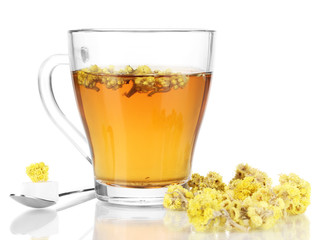 A cup of tea with immortelle isolated on white