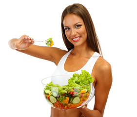 beautiful young woman with salad, isolated on white