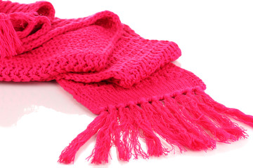 Warm knitted scarf pink isolated on white