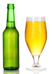 Bottle and glass of beer isolated on white