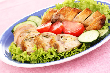 Tasty meat cutlet with garnish on plate