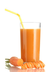 glass of carrot juice and fresh carrot isolated on white