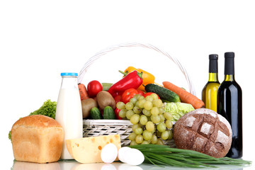 Composition with vegetables and fruits in wicker basket