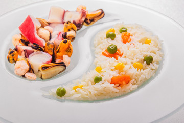 Rice with vegetable and seafood. Chinese healthy food