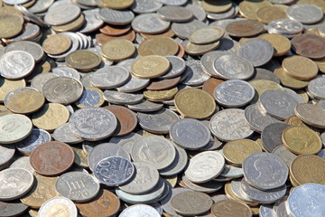 Coins,Flea market, Lucca. Tuscany, Italy