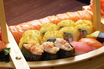Assorted sushi Japanese food on the ship