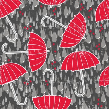 deseń z czerwonymi parasolkami i deszczem z kropli i serc