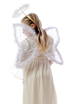 Little Angel girl , back , isolated on white background