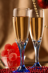 Christmas still life of two glasses of champagne
