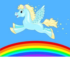 Selbstklebende Fototapete Pony fliegendes Pferd über den Regenbogen