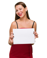 Happy Young Woman Holding Blank Placard