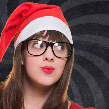 christmas woman wearing glasses and looking up