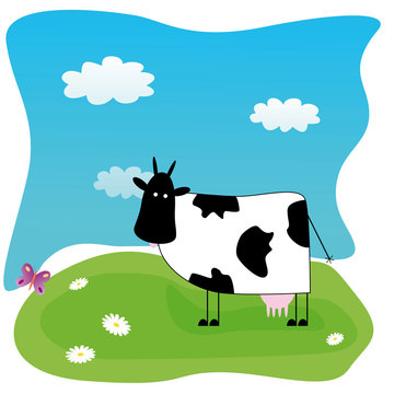 Illustration with funny cow on the meadow