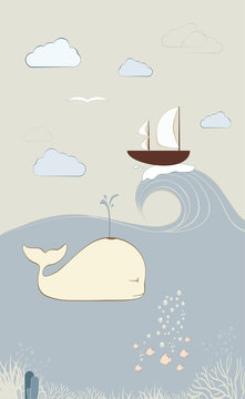 Whale in the sea, boat in the storm and a bird flying